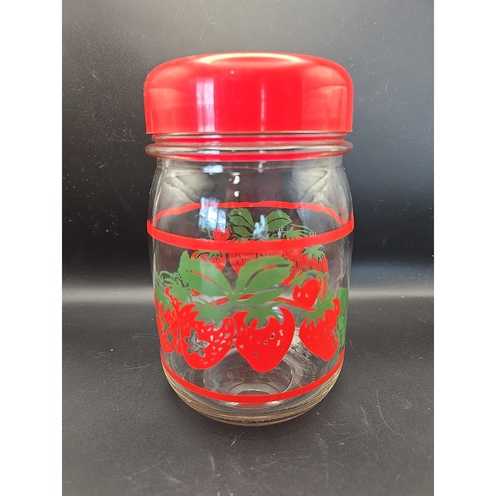 Strawberry Glass‎ Red Lid Candy Jar Canister Vintage Summer  Marked CR